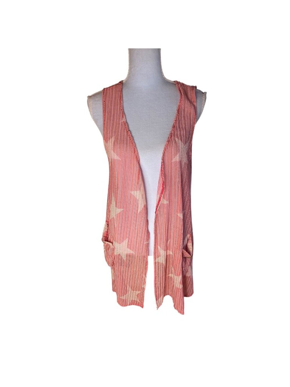 Pink Star Open Knit Waterfall Vest Duster Sleeveless Boho Coquette Festival L/XL